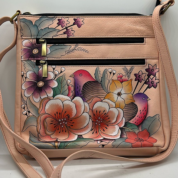 Anna Anuschka Light Pink Hand Painted Floral Leather Crossbody Bag Purse 🌸🌸 - Picture 1 of 9